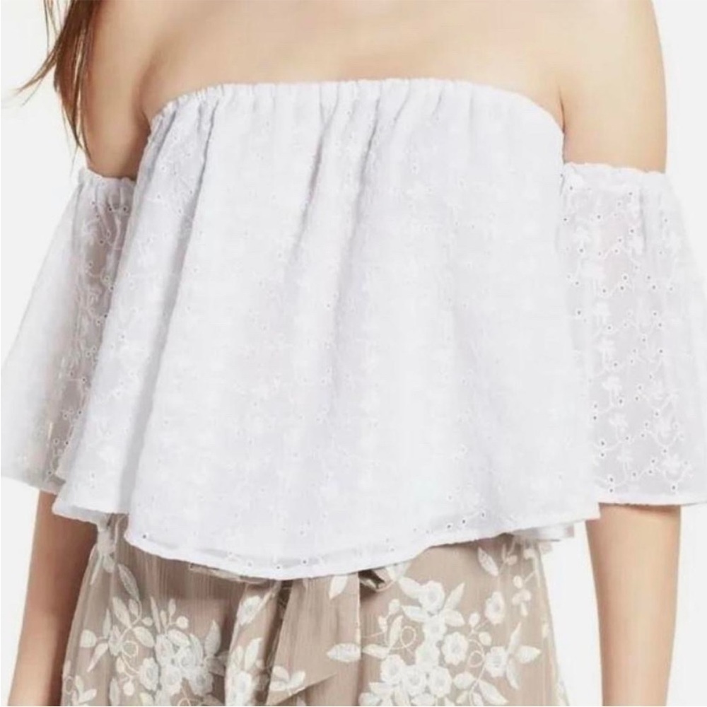 Astr white eyelet off the shoulder top m